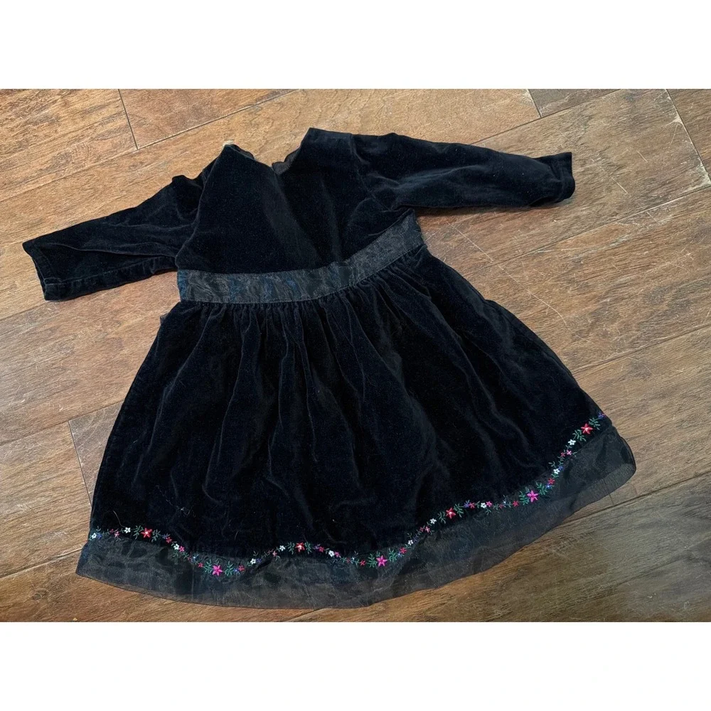 Vintage 2001 Gymboree Black Velvet Floral Embroidered Dress 6-12 Mo Bow holiday